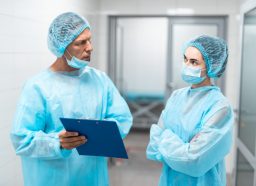 站立在彼此前面的蓝色医疗制服的两个专业医生在医院走廊和看起来周到